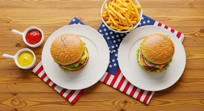 Two burgers on plates with condiments and fries