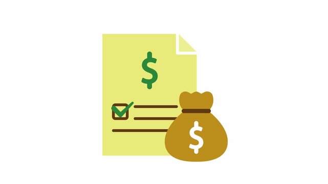 Animation budget. Financial. File with check marks and coin sack. horizontal. Economics, business, accounting. flat design style