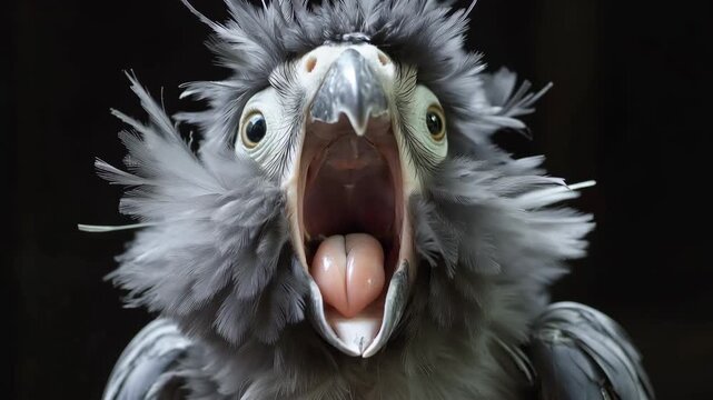 Extreme close up of a Dracula parrot with dishevelled grey feathers shouting, screaming, and showing its tongue with a funny expression, isolated on a dark, solid background