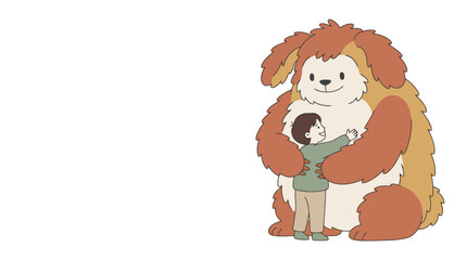 Fototapeta premium A fluffy, friendly creature with brown and cream fur gently hugs a small child.