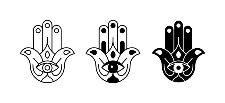 Hamsa Hand Symbols, Evil Eye Protection Icons, Mystical Hand Talismans, Set of 3 Black and White Vector Graphics for Spiritual and Cultural Designs