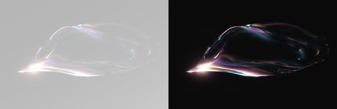 Realistic rainbow soap bubble set, atmospheric iridescent liquid drop and glowing translucent sphere on contrast backgrounds.