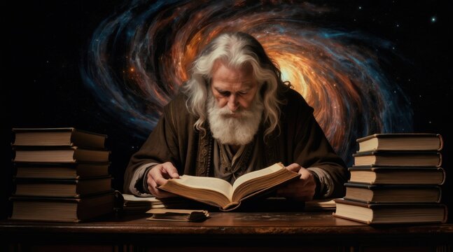 Elderly man reads old books surrounded by swirling galaxy. He is deep in thought, gaining wisdom from ancient texts. Universe and stars form a cosmic background.