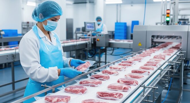 Masked worker inspects sealed meat portions on chilled food production line, showing hygiene, safety and quality control in modern processing plant.