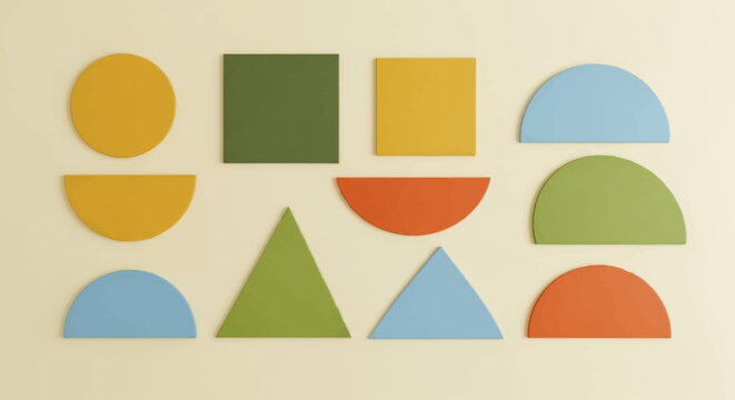 Geometric Shapes Arrangement: Circle, Square, Triangle, Semi-circle Colors
