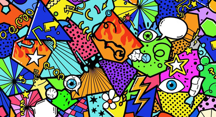 Obraz premium Retro Pop Art Explosion: Psychedelic Collage of Shapes, Eyes, and Stars