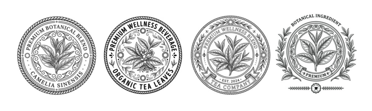 Premium organic tea badge collection with vintage engraved botanical emblems, luxury wellness labels and circular stamp templates for herbal beverage branding