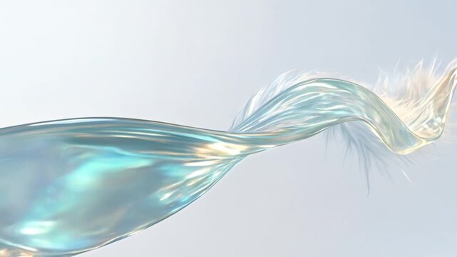 Abstract 3D animation of flowing iridescent liquid with soft white feathers on light background