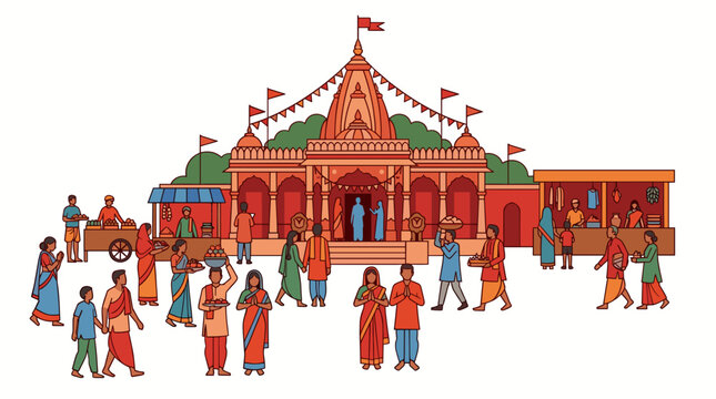 Colorful flat vector of crowded holy shakti peeth temple architecture with devotees gathering worshiping and market stalls.