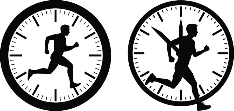 Silhouette of a man running inside a clock face and another man running on a clock face on time