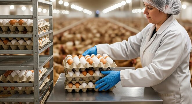 Worker loads filled egg trays onto storage rack while hens remain visible behind, showing authentic poultry production, careful handling and shipment preparation.
