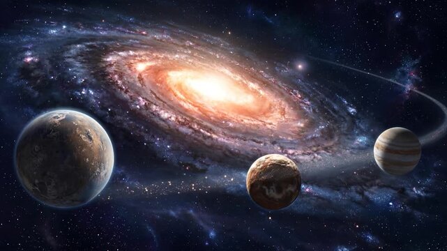 Cinematic galaxy and planet scene in deep outer space with glowing cosmic atmosphere
