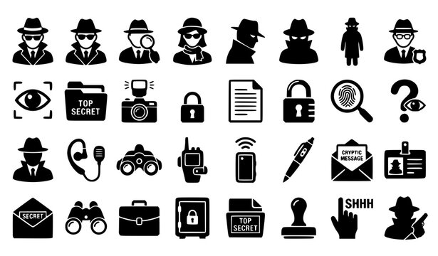 Incognito spy and private detective icon set with disguise and hidden identity vector symbols
