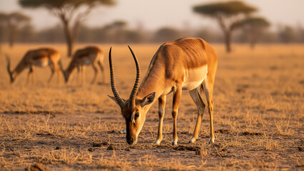 Fototapeta premium Antelope drinking from waterhole savannah.