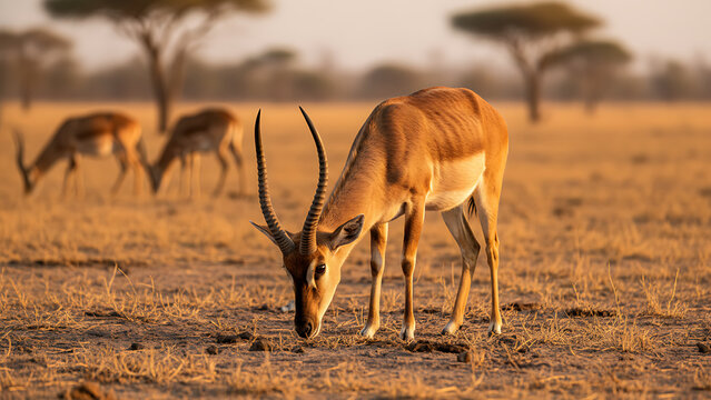 Antelope drinking from waterhole savannah.