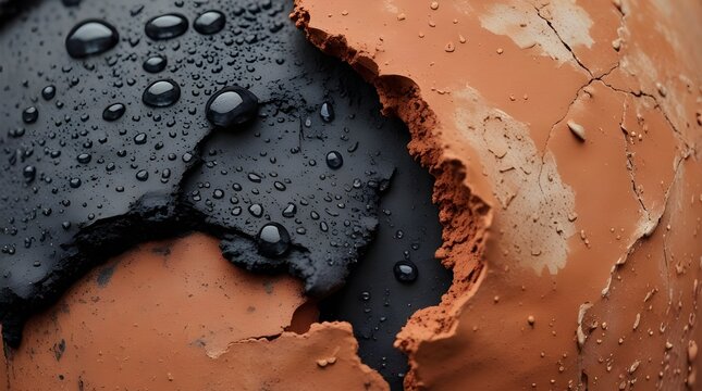 Macro of Damp Terracotta Clay with Drying Water Patches