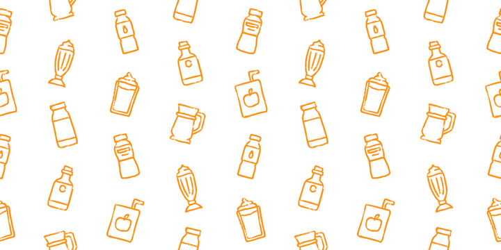 Seamless drinks pattern with hand drawn doodle of milk bottles, juice boxes, milkshakes, and soda. Orange line art vector background for cafe, beverage menu, and kitchen designs