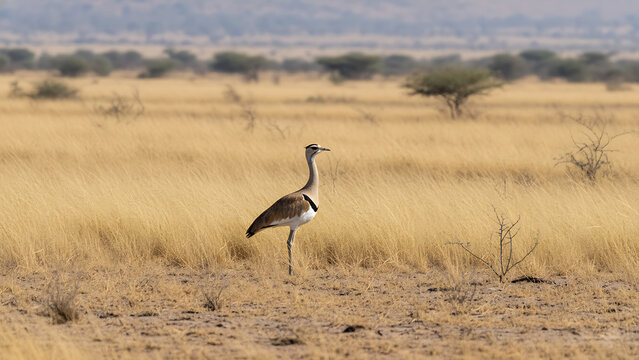 Bird standing alone in savannah grassland.