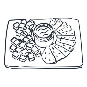 Vector hand drawn sketch of a cheese platter with cubes, slices, and a bowl of sauce. Minimalist black and white ink illustration isolated on white background. Appetizer graphic element for restaurant
