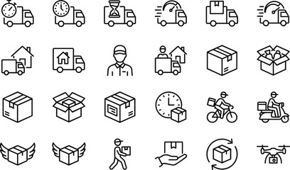 Fototapeta premium Collection of delivery and shipping service icons featuring trucks, packages, personnel, clocks, and express logistics concepts for e-commerce illustration