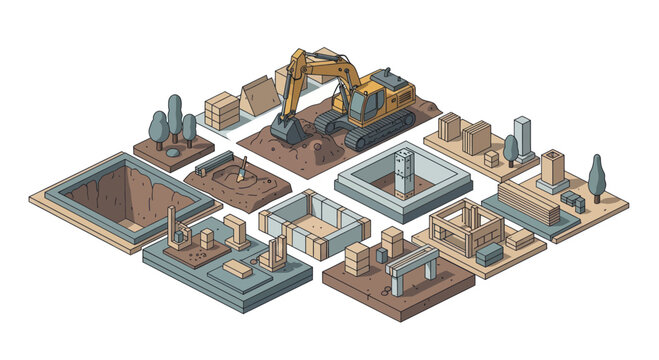 Isometric illustration of a construction site with various stages of building development.