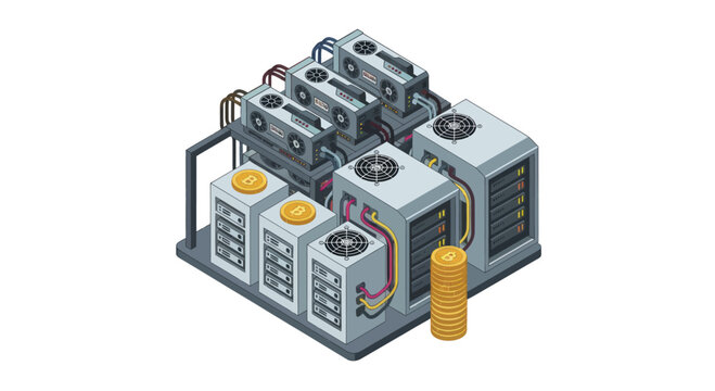 Isometric illustration of a cryptocurrency mining farm setup.