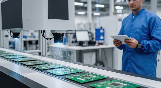 AI powered electronics inspection analyzes circuit boards on smart factory line, showing automated quality control and machine vision in advanced modern manufacturing environment.
