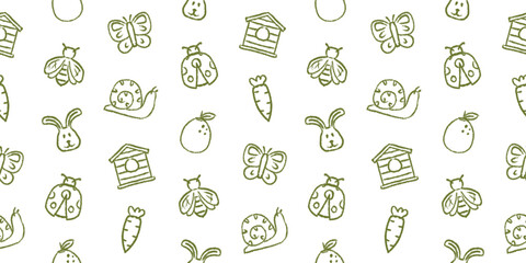Seamless garden pattern with cute hand drawn doodle of insects, bunny, birdhouse, snail, butterfly, ladybug, and carrot. Green line art vector background for kids, organic, and nature designs © Ydzv Dsgn