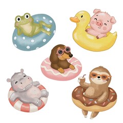 Fototapeta premium Cute animals on pool floats set: frog, pig on duck, dachshund in sunglasses, hippo and sloth on donut ring.