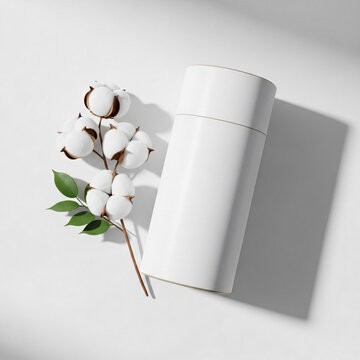 White Tube Packaging Mockup with Cotton Branch on White Background
