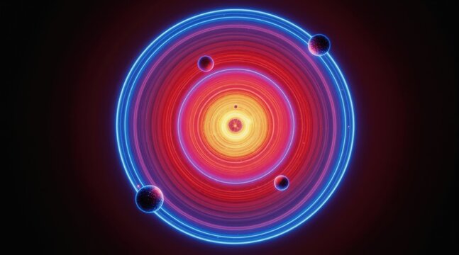 Digital art shows abstract celestial or atomic structure. Glowing concentric rings in red and blue surround a bright central nucleus with orbiting planets. Futuristic cosmic scene.