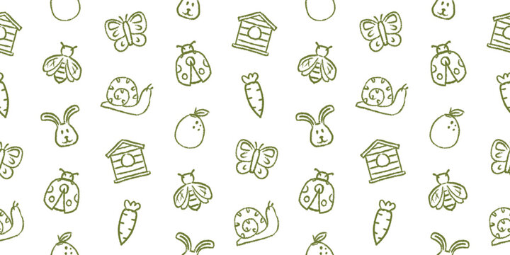Seamless garden pattern with cute hand drawn doodle of insects, bunny, birdhouse, snail, butterfly, ladybug, and carrot. Green line art vector background for kids, organic, and nature designs