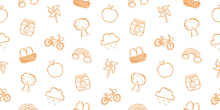 Doodle summer seamless pattern, bike, apple, rainbow, jam jar, wind spinner, cloud, tree, nest, nature icons, repeating background for textile fabric wallpaper