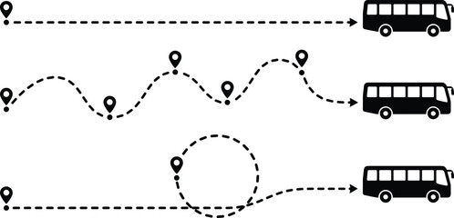 Set of bus route icons showing direct, curved, and detour paths with location markers, transportation journey variations and travel concepts illustration © MdAbulkalam