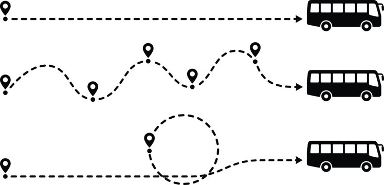 Set of bus route icons showing direct, curved, and detour paths with location markers, transportation journey variations and travel concepts illustration