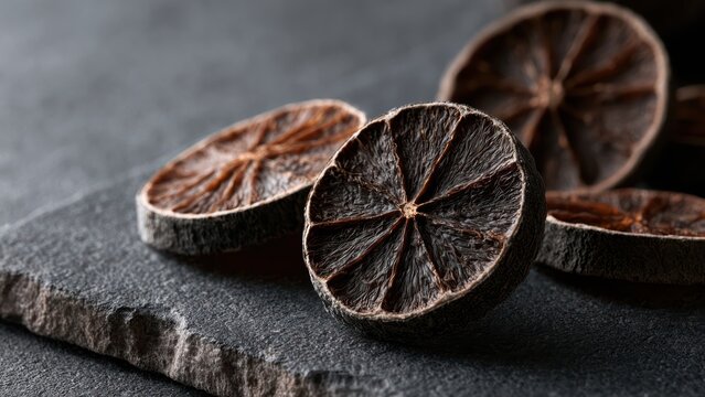 Rustic dark dried lime slices on natural slate, highlighting texture and depth, a perfect garnish