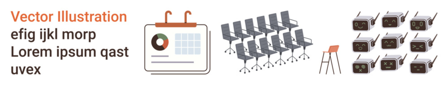 Data visualization, office setup, corporate communication, retro design, conference layouts, and technology decor. Includes chart, office chairs radios and stool. Data visualization and office