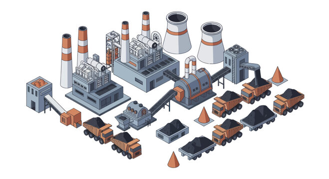 Isometric Industrial Complex with Coal Mining and Power Generation.
