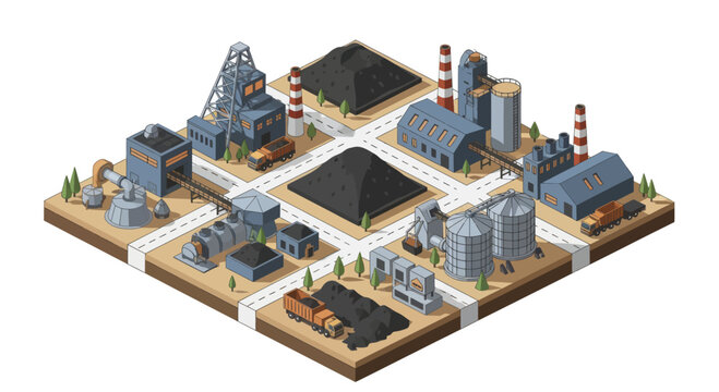 Isometric industrial complex with coal mining and processing plants.