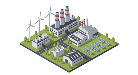 Naklejka premium Isometric Industrial Complex with Renewable Energy Sources.