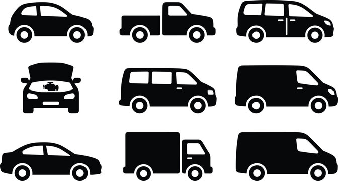 Collection of vehicle silhouette icons featuring compact car, pickup truck, minivan, cargo van, sedan, and box truck transportation designs illustration