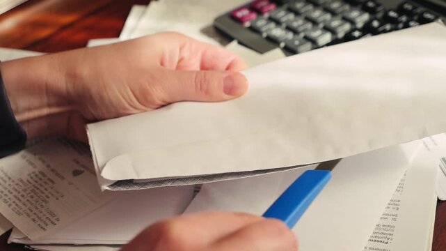 Close-up of hands opening an envelope with a stationery knife. High quality 4k footage