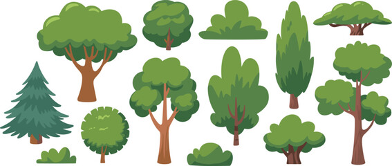 Cartoon trees collection set, green forest plants elements, nature vector illustration for landscape and park © Sume