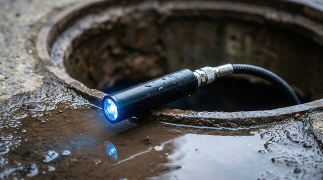 Utilizing an inspection camera within a drain manhole to assess the wet interior and cabling for effective drain cleaning.