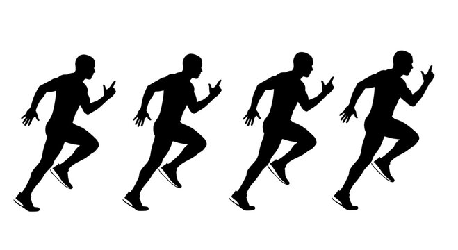 Runners athletic silhouette set with dynamic sprinting poses and motion blur effect on white background for fitness and sports design