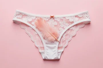 Delicate lace panties with a soft pink feather placed on a pastel pink background. The lingerie features intricate floral patterns and a small bow accent. Intimate apparel symbolism. © Viktor