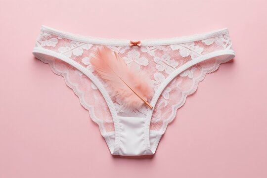 Delicate lace panties with a soft pink feather placed on a pastel pink background. The lingerie features intricate floral patterns and a small bow accent. Intimate apparel symbolism.