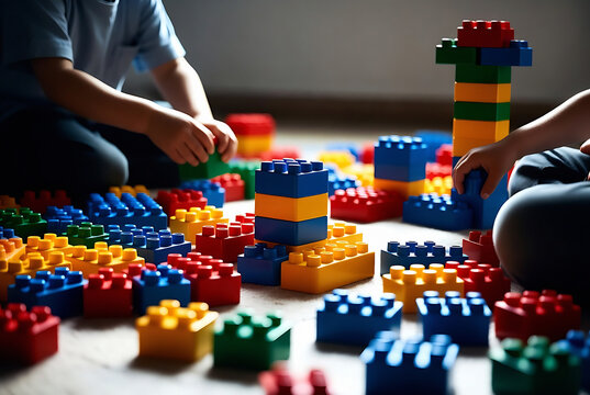Two children are building a tower of LEGO bricks on a wooden floor.