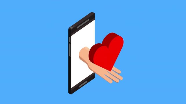 Smartphone isometric concept with hand holding heart symbol and message bubble on blue background.