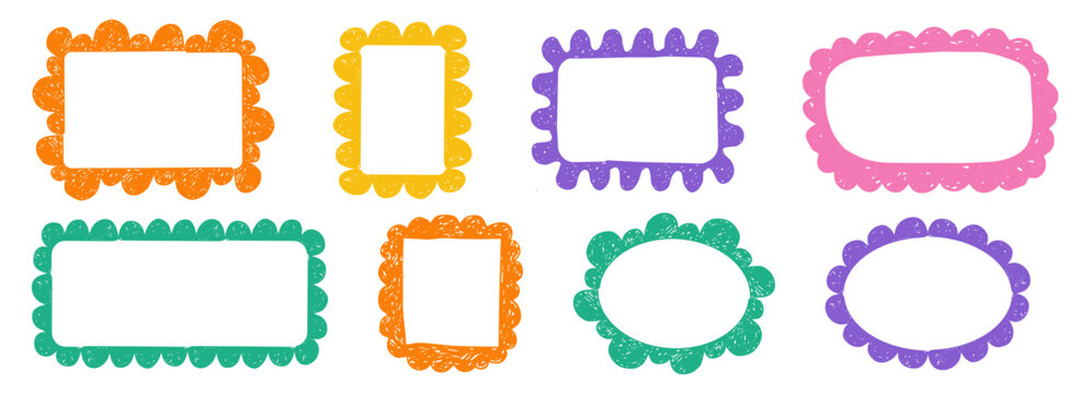 Scribble crayon doodle scalloped frames set. Chalk grunge girly blobs for text. Fluffy, wiggle label, stamp. Wavy whimsical edges curly doodle border.